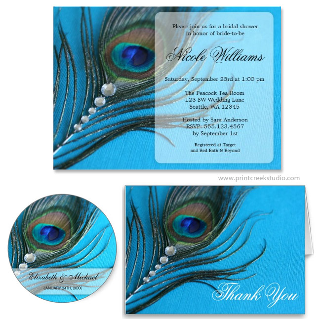 Jewel Peacock Feather Bridal Shower Invitation