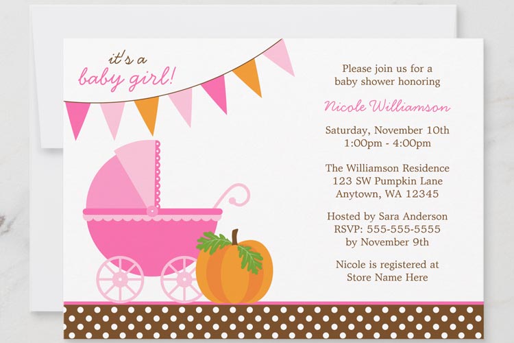 Fall pumpkin pink and orange girl baby shower invitation