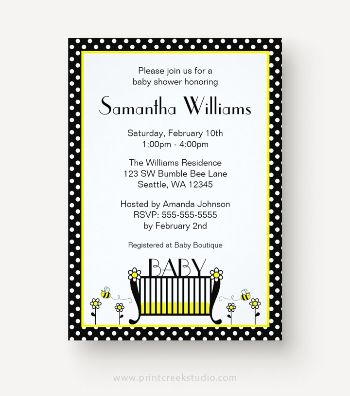 Polka dot bee baby shower invitations