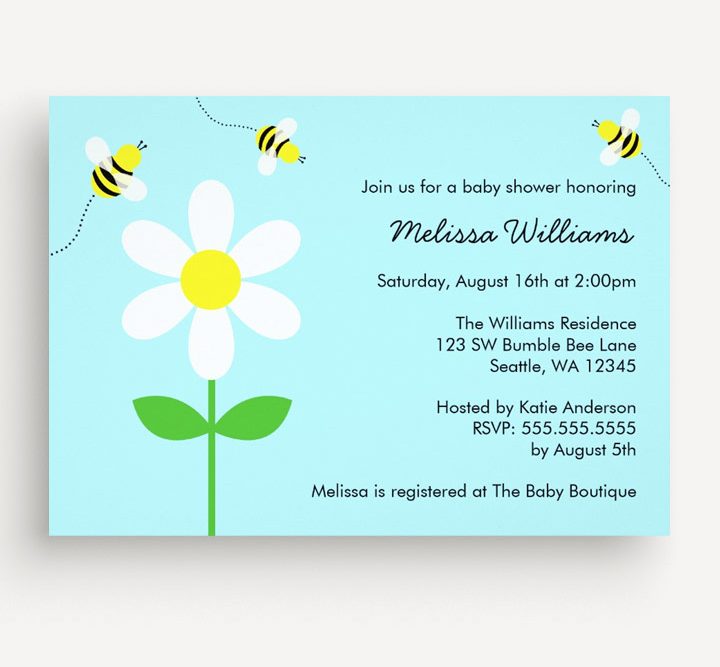Bee baby shower invitations with a daisy flower