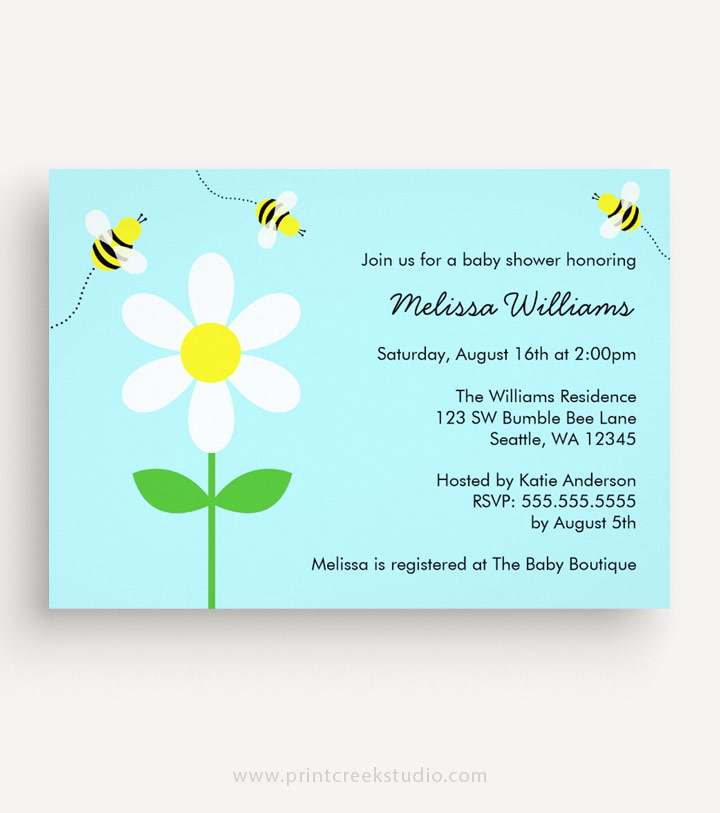 Bee baby shower invitations with a daisy flower