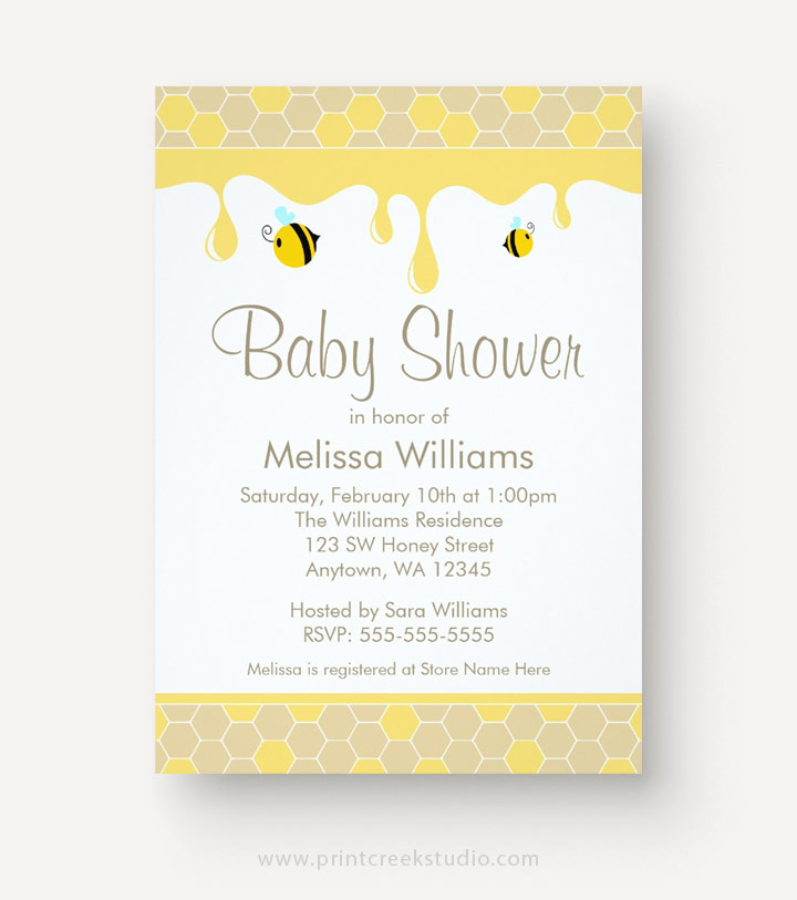 Bee baby shower invitations with honey comb.