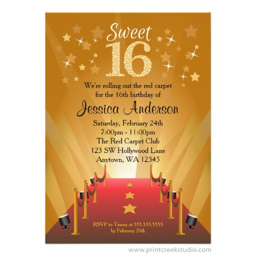 Red Carpet Hollywood Star Sweet 16 Invitation