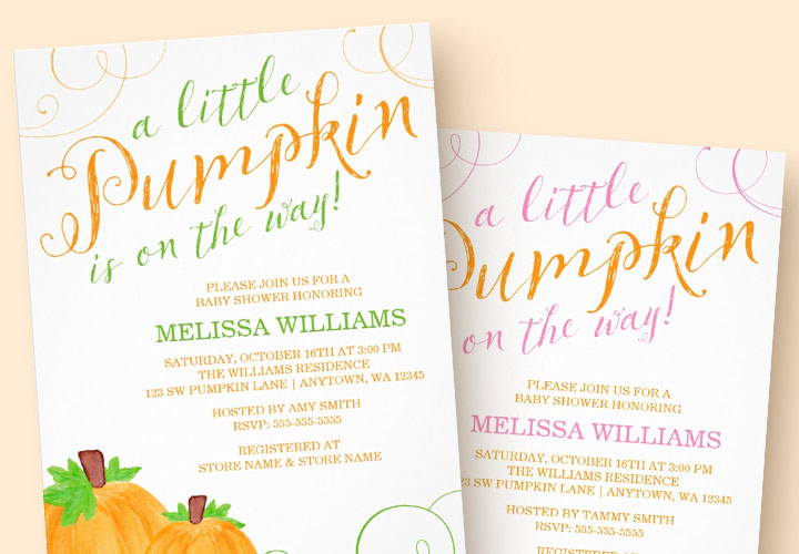 Fall baby shower invitations with watercolor pumpkins.