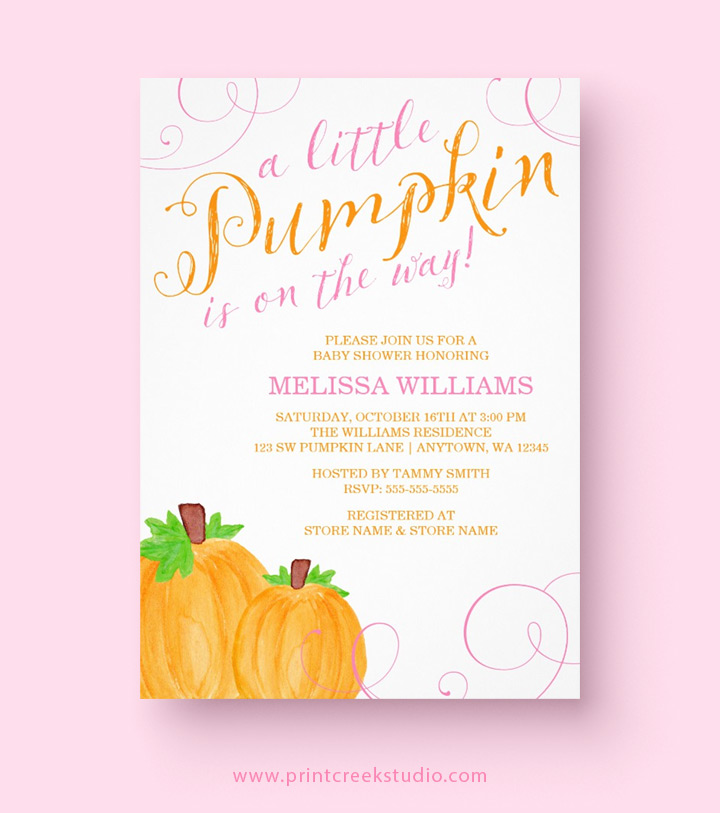 Little pumpkin girl baby shower invitations.