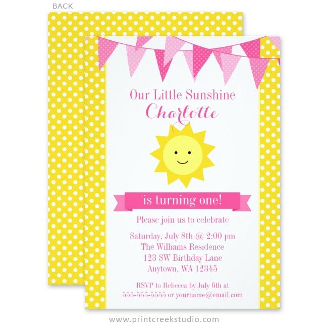 Little sunshine first birthday invitations