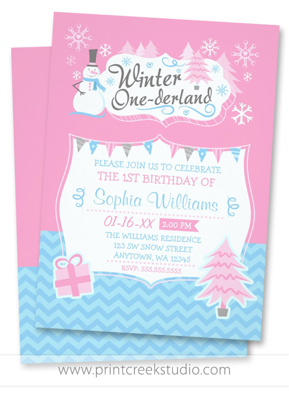Winter ONEderland Birthday Invitations Pink Blue Snowman