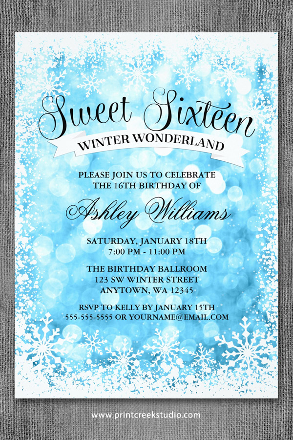 Sweet 16 Winter Wonderland Invitations Blue Glitter Lights