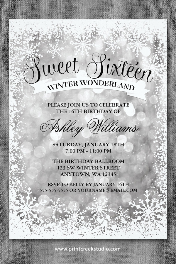 Sweet 16 Winter Wonderland Invitations Silver Glitter Lights