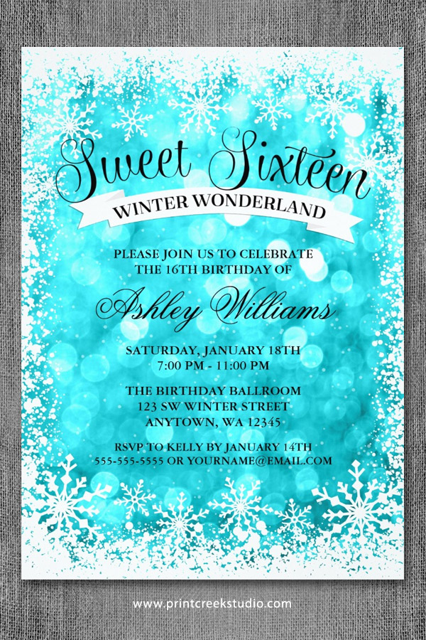 Sweet 16 Winter Wonderland Invitations Teal Glitter Lights