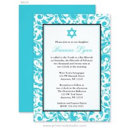 Teal Blue Damask Bat Mitzvah Invitations