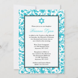 Teal Damask Swirls Bat Mitzvah Invitations