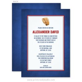 Navy blue and red baseball Bar Mitzvah Invitations.