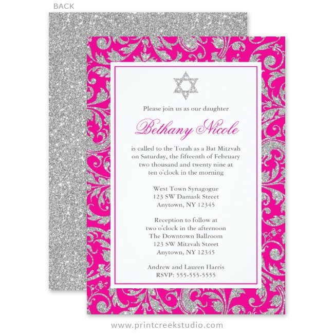 Modern pink and silver Bat Mitzvah invitations.