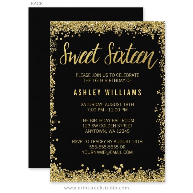 Black and gold sweet sixteen birthday invitations.