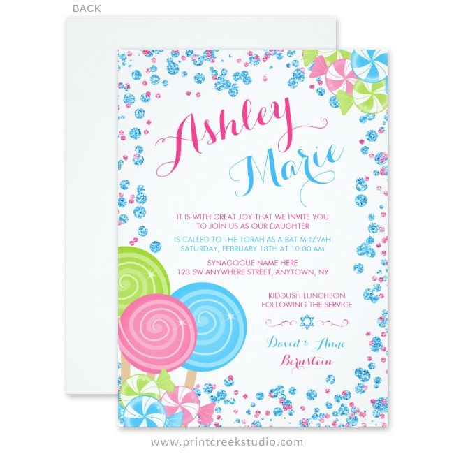 Candy themed Bat Mitzvah invitations