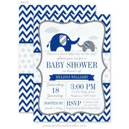 Navy blue elephant baby shower invitations.