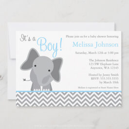 Cute Elephant Chevron Light Blue Baby Shower Invitations