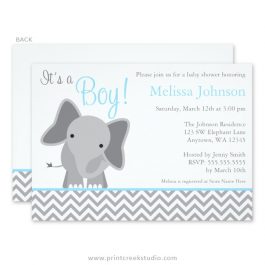 Blue elephant boy baby shower invitations.