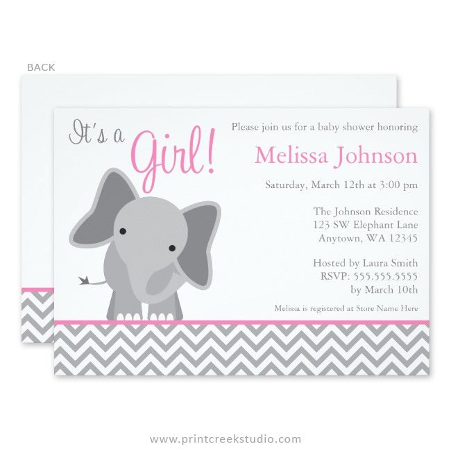 Girl elephant baby shower invitations.