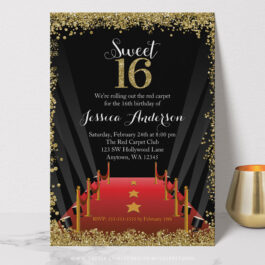 Red Carpet Hollywood Glitter Sweet 16 Birthday Invitations