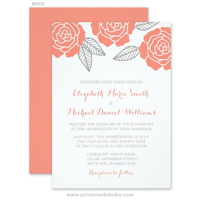 Coral and grey wedding invitations
