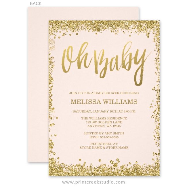Pink and gold girl baby shower invitations.