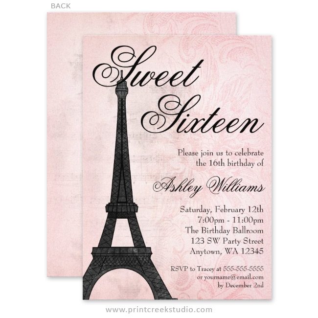 Paris themed sweet 16 invitations.