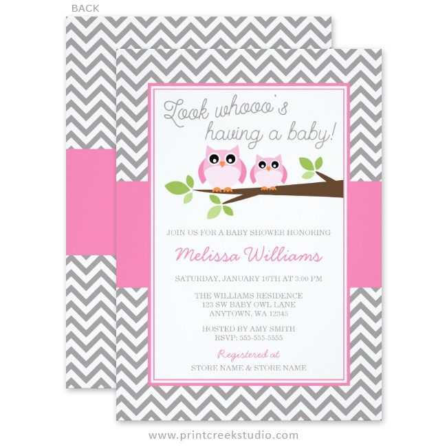 Pink owl baby shower invitations