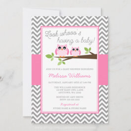 Pink Owl Gray Chevron Girl Baby Shower Invitations