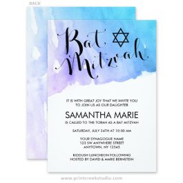 Modern watercolor Bat Mitzvah invitations.