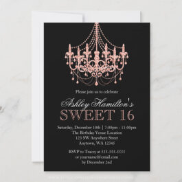 Rose Gold Faux Glitter Chandelier Sweet 16 Invitations