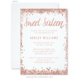 Rose gold glitter sweet 16 invitations.