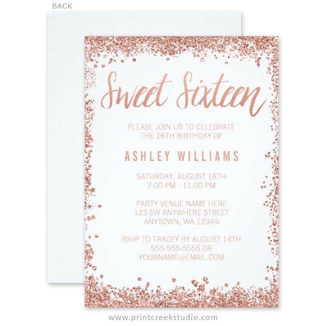 Rose gold glitter sweet 16 invitations.