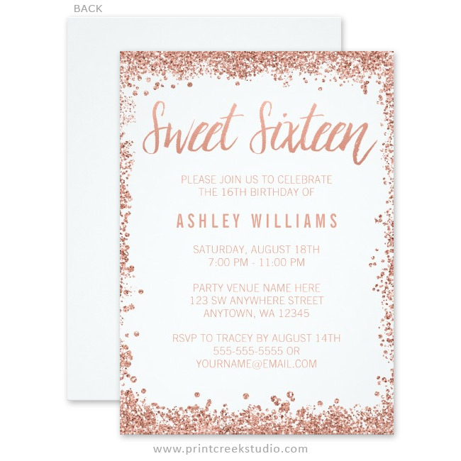 Rose Gold Faux Glitter Sweet 16 Invitations - Print Creek Studio Inc