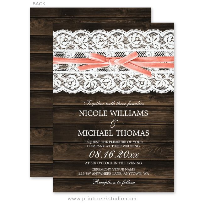 Rustic wood and lace wedding invitations.