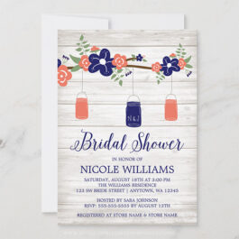 Rustic Coral Navy Mason Jar Branch Bridal Shower Invitations