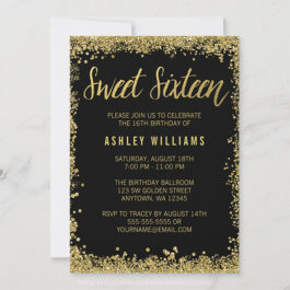 Sweet 16 Black and Gold Glitter Birthday Invitations
