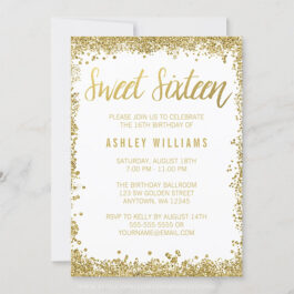 White and Gold Faux Glitter Sweet 16 Invitations