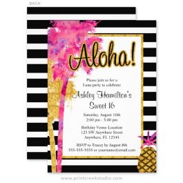 Pink and gold luau sweet 16 invitations.