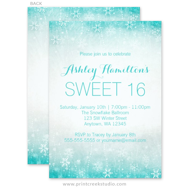 Teal sweet 16 winter wonderland invitations