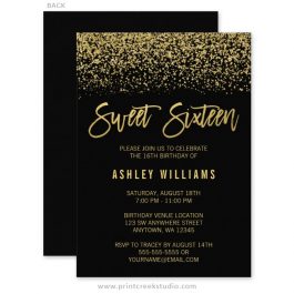 Black and gold sweet 16 birthday invitations