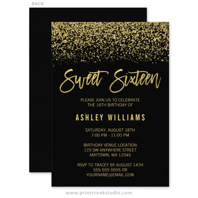 Modern Black Faux Gold Glitter Sweet 16 Invitations 