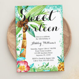 Tropical Luau Watercolor Faux Glitter Sweet 16 Invitations