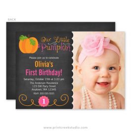 Little pumpkin girl first birthday invitations.