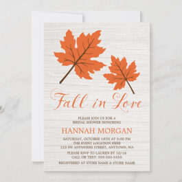 Fall in Love Orange Leaves Bridal Shower Invitations