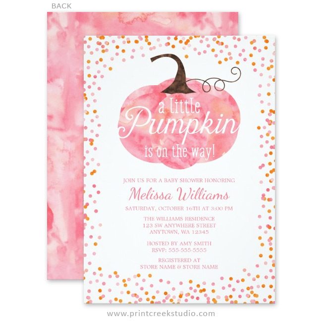 Pink pumpkin fall baby shower invitations