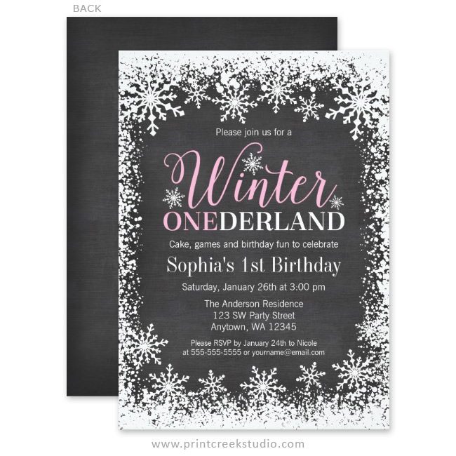 Girl winter onederland birthday party invitations.