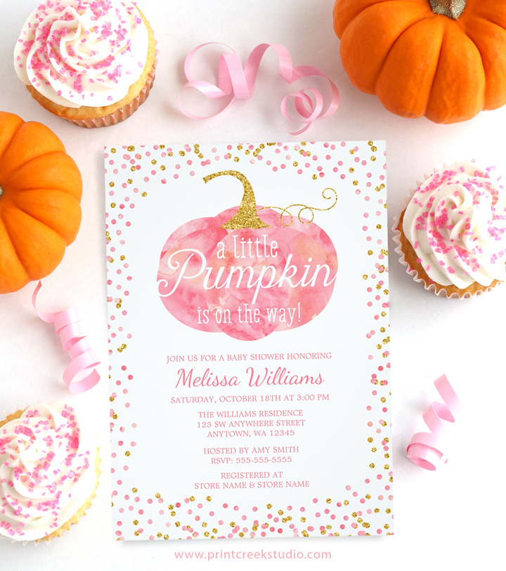 Little pumpkin girl baby shower invitations