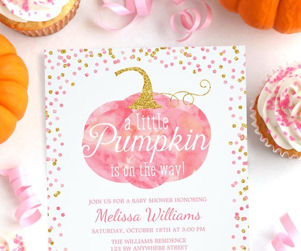 Pink and Gold Fall Pumpkin Baby Shower Invitations